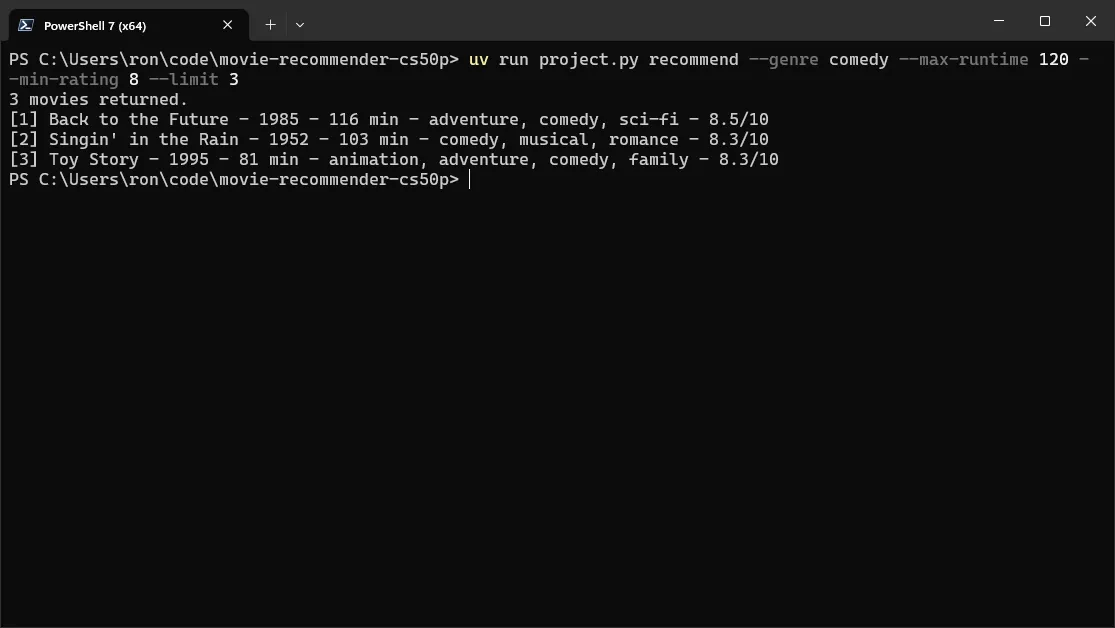 PowerShell showing a comedy search and three recommendations: Back to the Future, Singin’ in the Rain, and Toy Story.