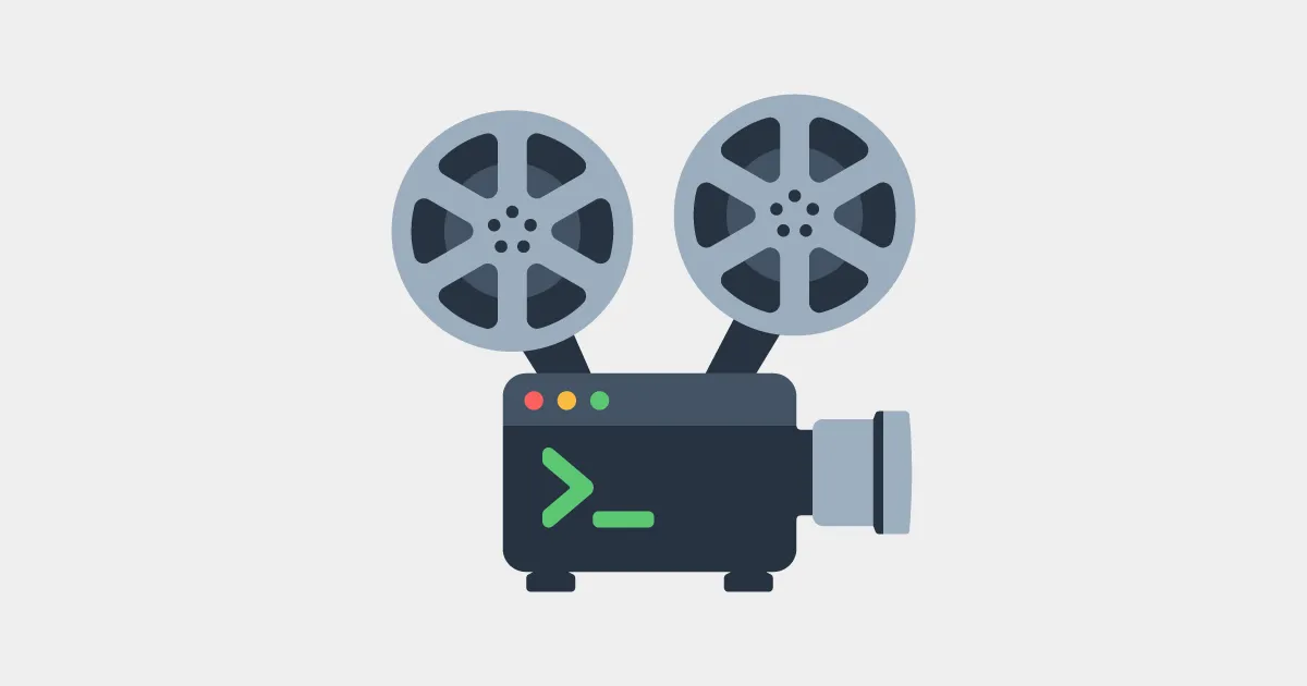 A film projector styled as a terminal window, with two reels and a green command prompt.