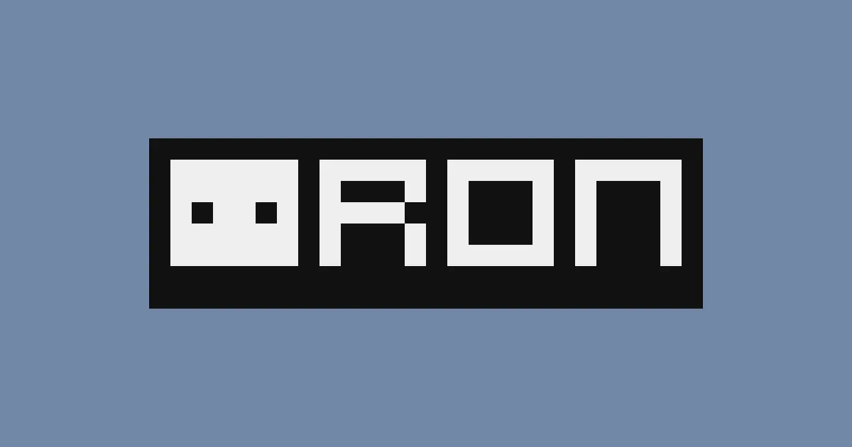 Pixel-art RON wordmark on a slate background.